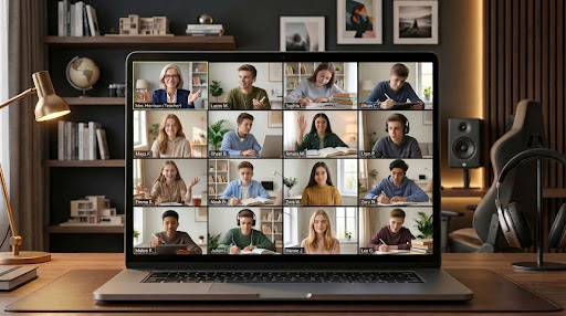 Virtual classrooms - 1:15 online learning conference on modern laptop